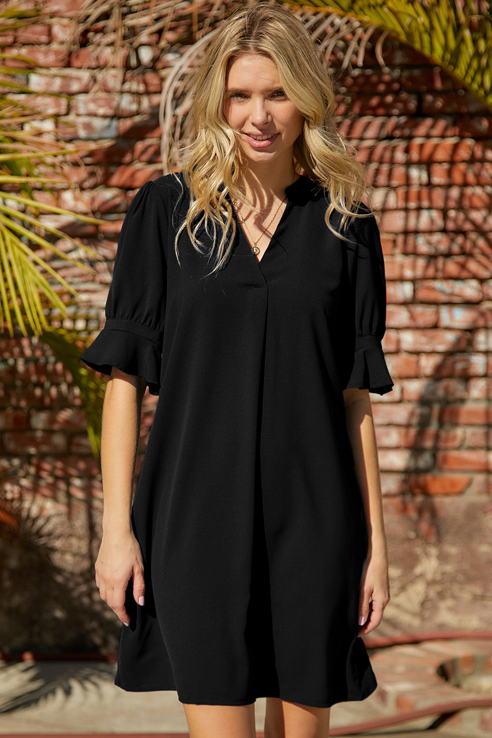 Navy Blue Split V Neck Short Sleeve Tunic Dress