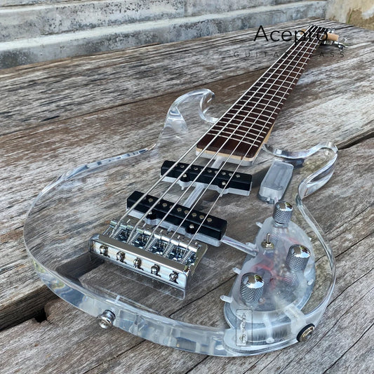5 String LED Acrylic Electric Bass Guitar, Maple Neck Rosewood Fingerboard