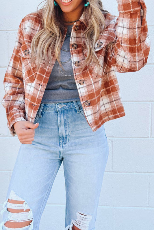 Orange Plaid Button-Up Flap Pocket Cropped Jacket