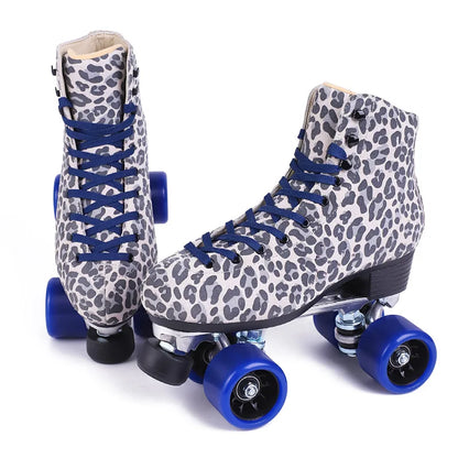 Women's Leopard Spot Suede Leather Quad Roller Skates