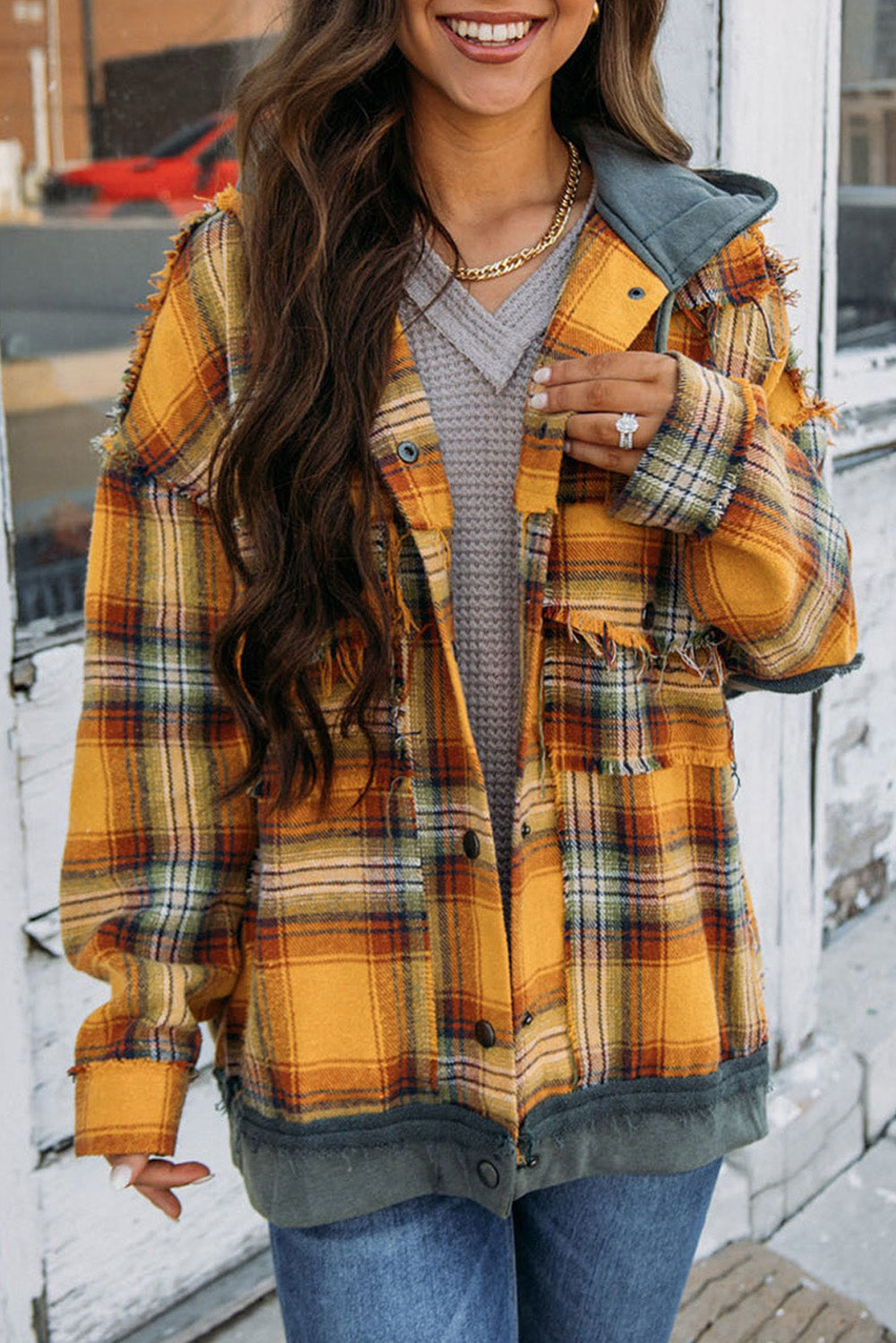 Orange Plaid Patchwork Frayed Trim Snap Button Hooded Jacket