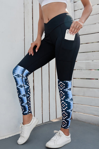 Black Yoga Crossover Geometric Print Patchwork High Waisted Leggings
