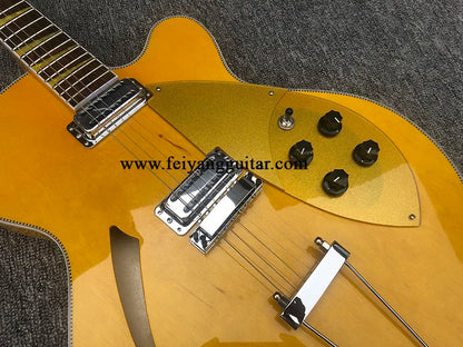 Yellow Hollow Body Electric Guitar with Gold Pickguard