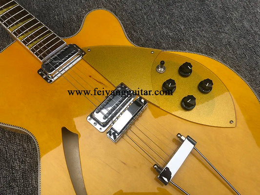 Yellow Hollow Body Electric Guitar with Gold Pickguard