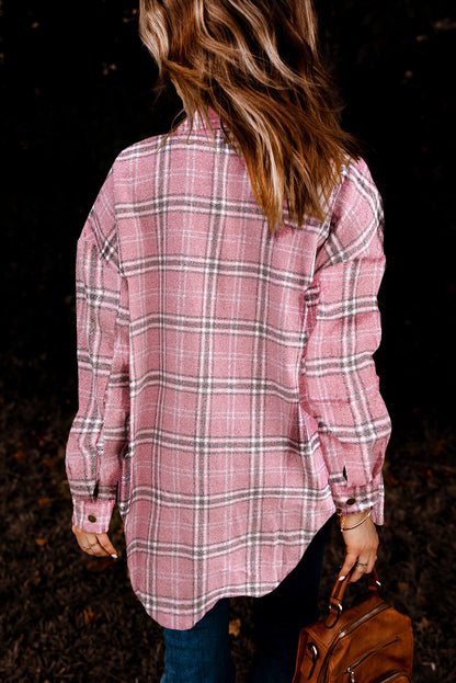 Black Casual Plaid Pattern Buttoned Shirt Shacket with Slit