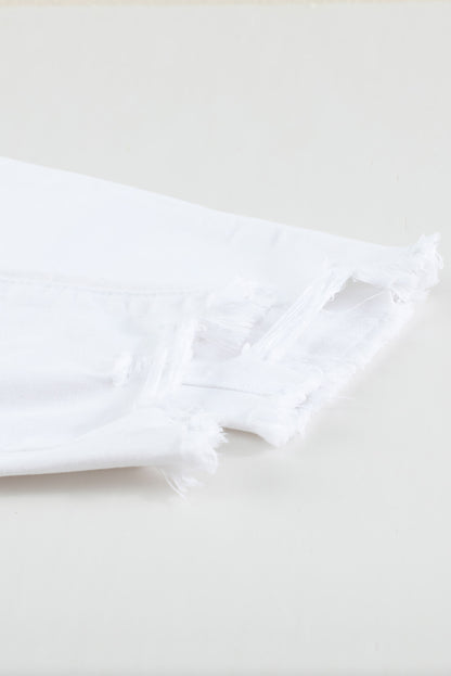 White Plain Buttons Frayed Raw Hem High Waist Denim Jeans