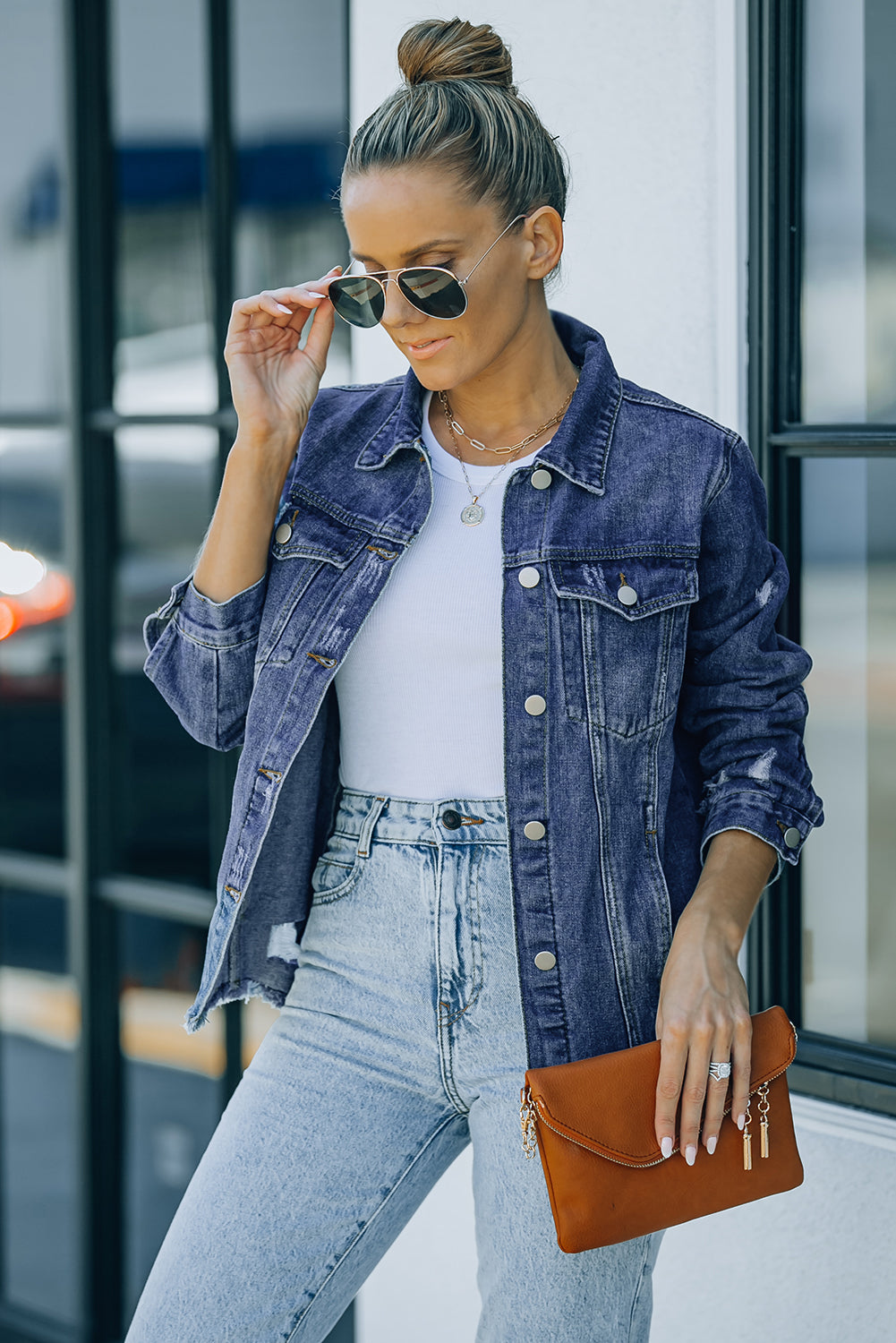 Black Casual Distressed Raw Hem Buttons Denim Jacket