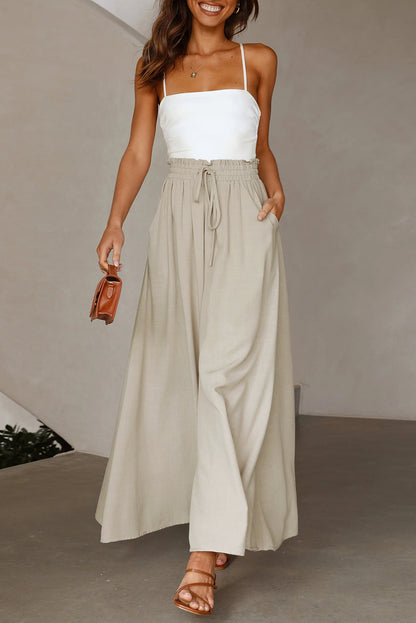 Beige Drawstring Smocked High Waist Wide Leg Pants