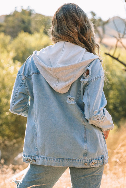 Light Blue Button Up Ripped Hooded Denim Jacket