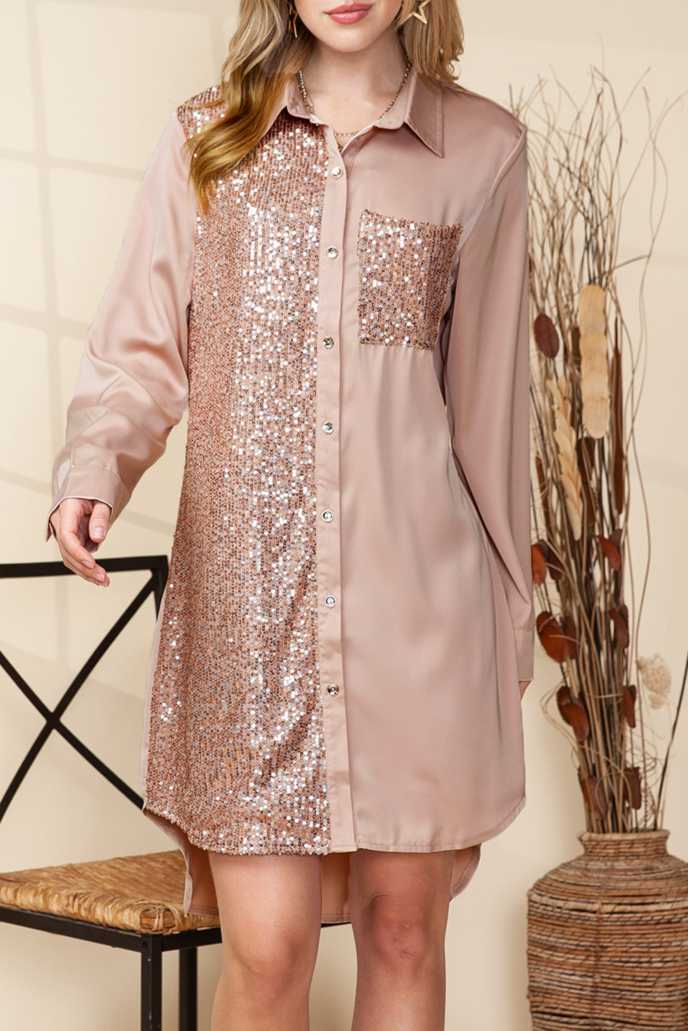 Khaki Sequin Splicing Pocket Button Shirt Dress