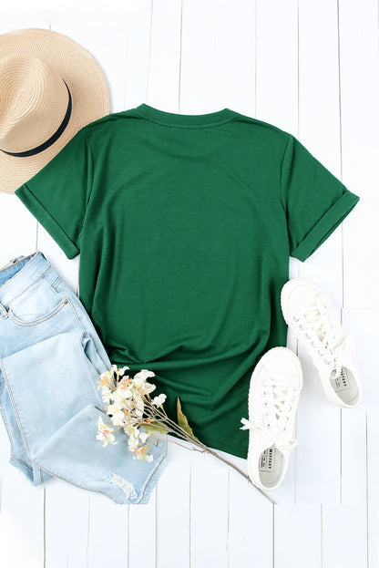 Green Plain Solid Color Crew Neck Tee