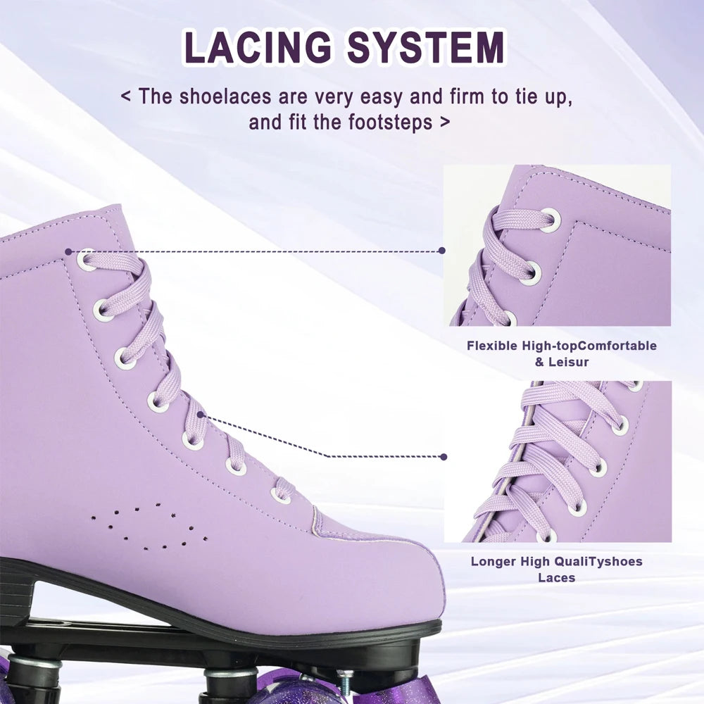 Women's Purple PU Leather Quad Roller Skates with LED Wheels