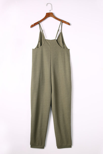 Black Textured Sleeveless V-Neck Pocketed Casual Jumpsuit