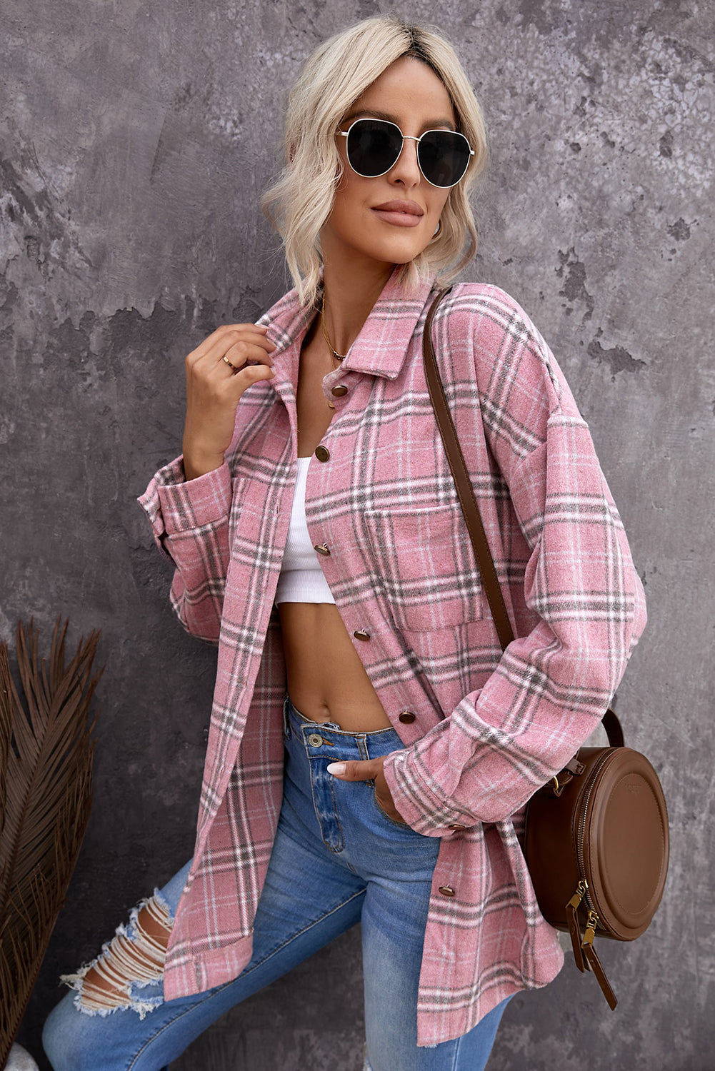 Black Casual Plaid Pattern Buttoned Shirt Shacket with Slit