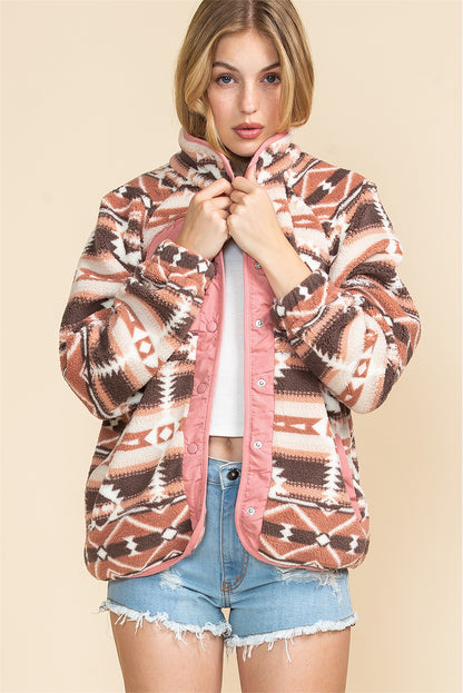 Pink Geometric Colorblock Snap Button Sherpa Jacket