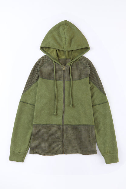 Khaki Dark Washed Patchwork Zip Up Hooded Jacket