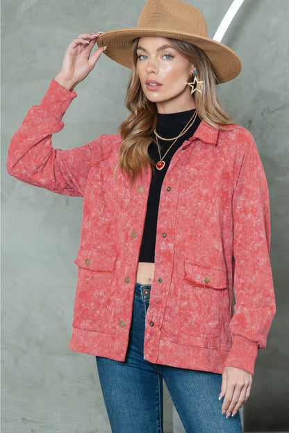 Gray Snap Button Casual Flap Pockets Washed Jacket