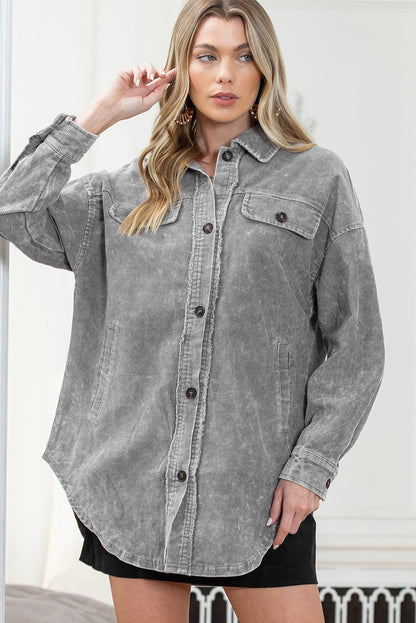 Khaki Vintage Distressed Mineral Wash Oversized Shacket
