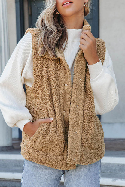 Green Snap Button Collared Stand Neck Sherpa Vest