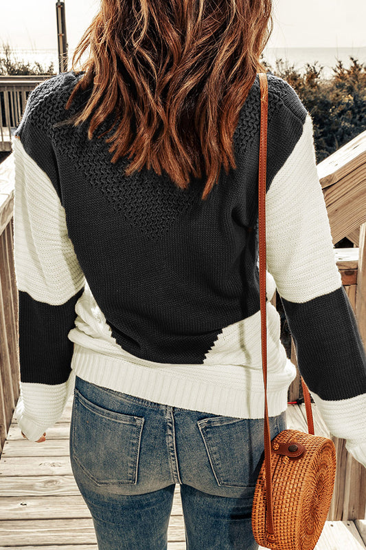 Black & White Colorblock Casual Chevron Pullover Sweater
