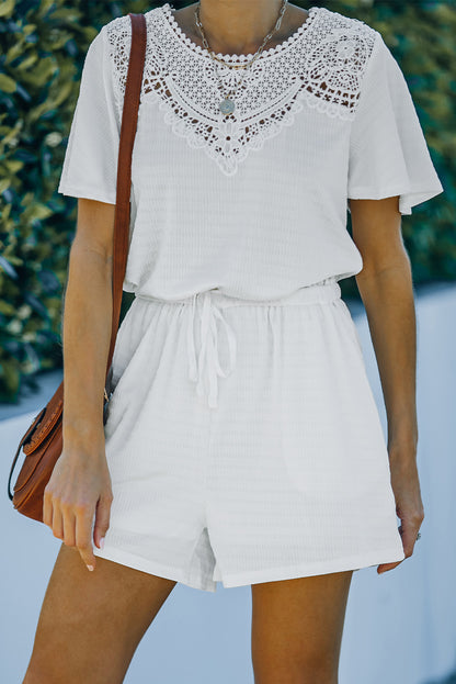 White Casual Crochet Neck Drawstring Romper