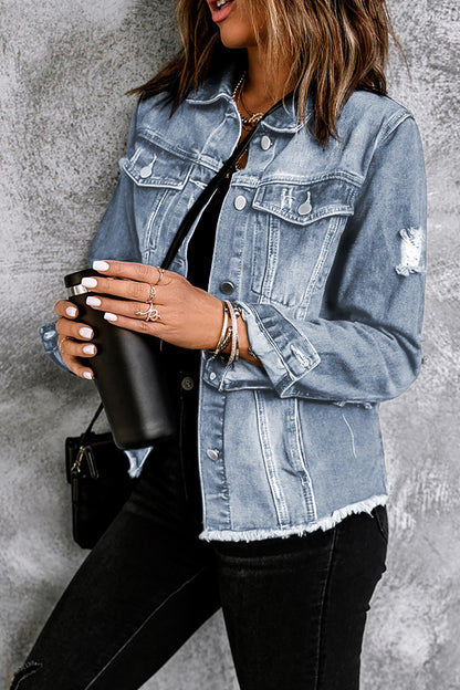 Black Casual Distressed Raw Hem Buttons Denim Jacket