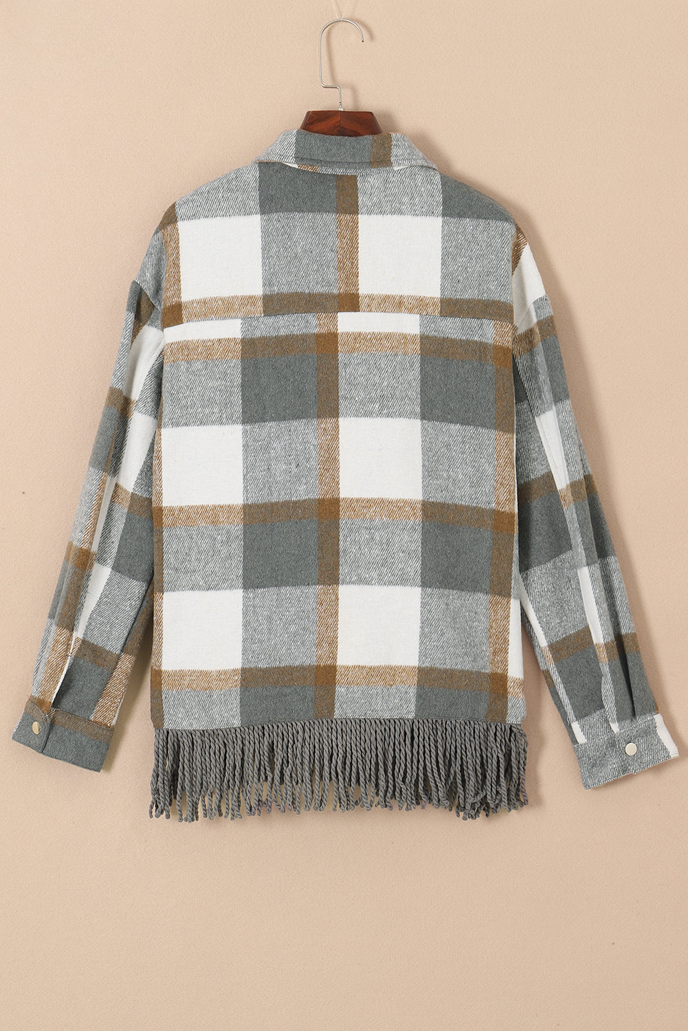 Black Plaid Snap Button Pocket Fringed Hem Shacket