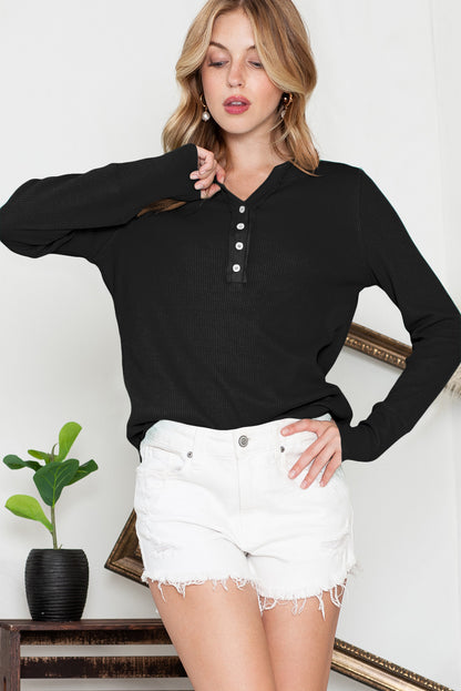 Gray Solid Color Waffle Knit Long Sleeve Henley Shirt