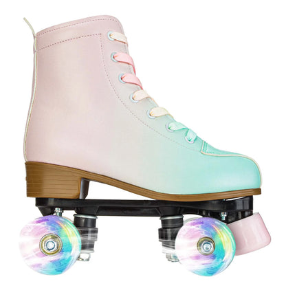 Green Pink Suede Quad Roller Dance Skates with LED Wheels