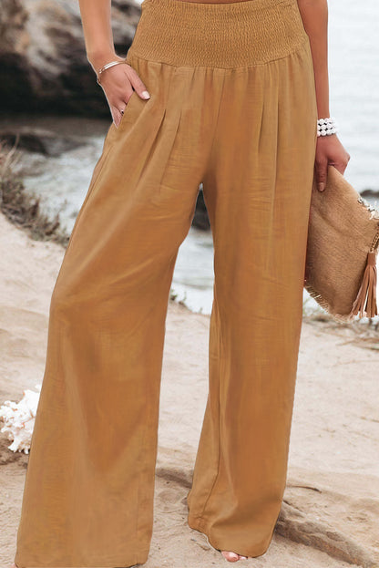 Brown Smocked Wide Waistband High Waist Wide Leg Pants