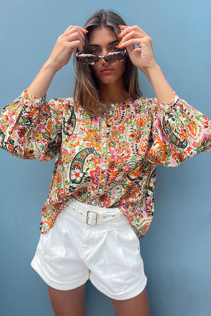 Multicolour Boho Floral Print Puff Sleeve Shirt