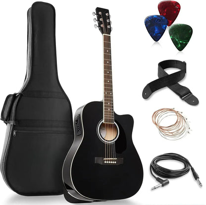 Ashthorpe Full-Size Dreadnought Cutaway Acoustic Electric Bundle - Premium Tone woods - Natural Guitar