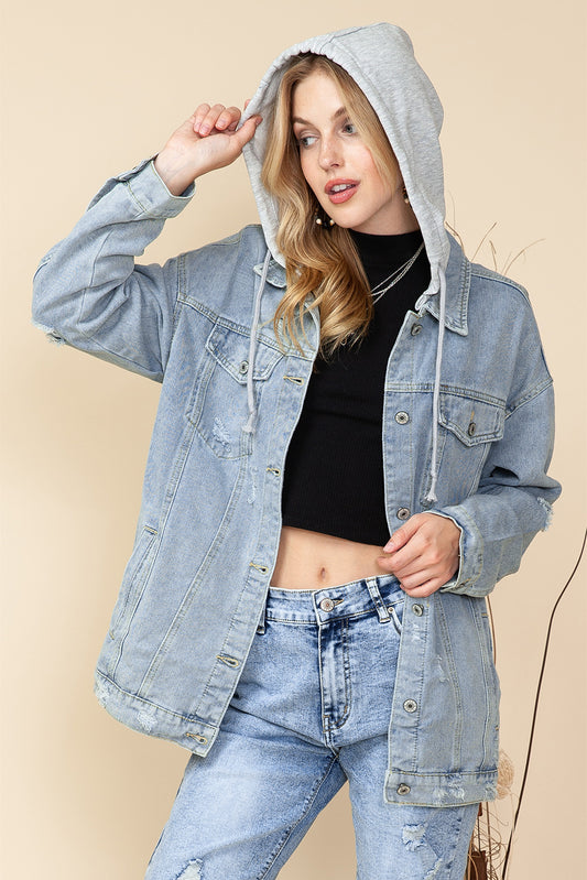 Light Blue Button Up Ripped Hooded Denim Jacket