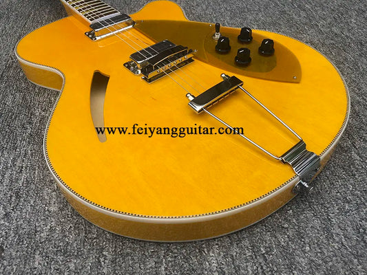 Yellow Hollow Body Electric Guitar with Gold Pickguard