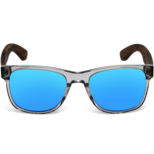 Walnut Wood Blue Polarized Mirror Lens Classic Style Sunglasses with Semi-Transparent Frame