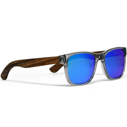 Walnut Wood Blue Polarized Mirror Lens Classic Style Sunglasses with Semi-Transparent Frame