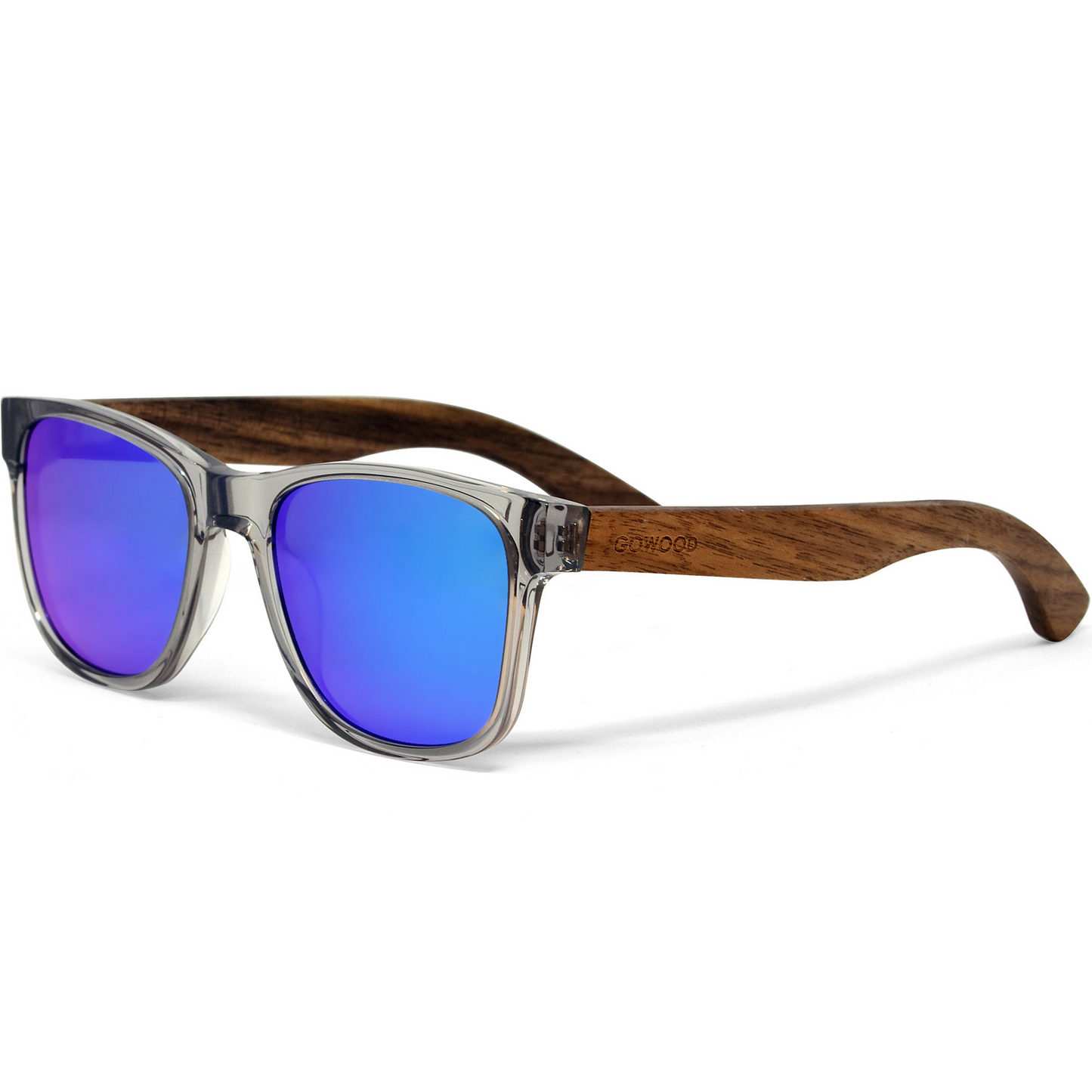 Walnut Wood Blue Polarized Mirror Lens Classic Style Sunglasses with Semi-Transparent Frame