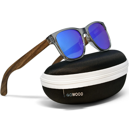 Walnut Wood Blue Polarized Mirror Lens Classic Style Sunglasses with Semi-Transparent Frame