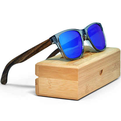 Walnut Wood Blue Polarized Mirror Lens Classic Style Sunglasses with Semi-Transparent Frame