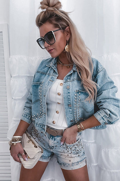 Blue Studded Button Up Light Wash Cropped Denim Jacket
