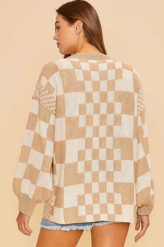 Khaki Plaid Colorblock Open Front Cardigan