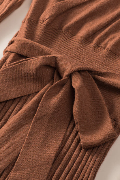 Brown Belted Wrap V Neck Ribbed Pleated Sweater Dress