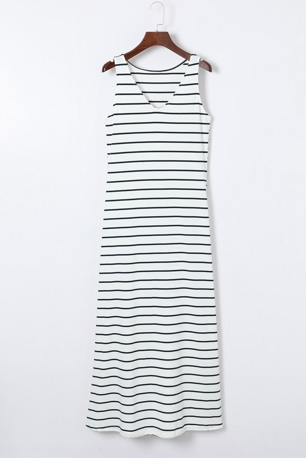 Dark Blue Striped V Neck Sleeveless Side Slits Maxi Dress