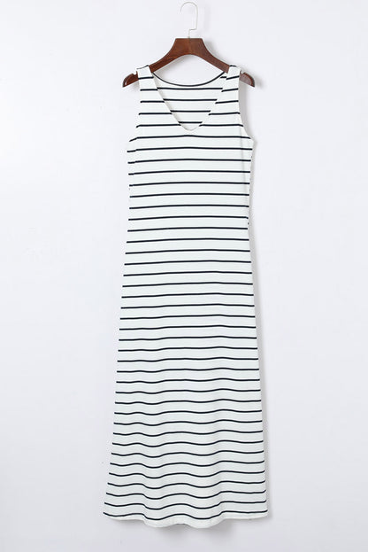 Dark Blue Striped V Neck Sleeveless Side Slits Maxi Dress