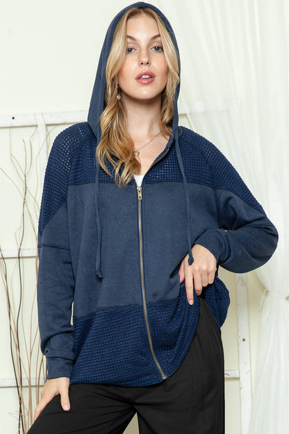Khaki Dark Washed Patchwork Zip Up Hooded Jacket