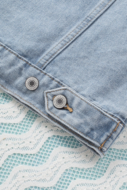Light Blue Button Up Ripped Hooded Denim Jacket