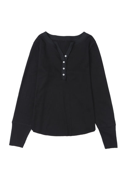 Gray Solid Color Waffle Knit Long Sleeve Henley Shirt