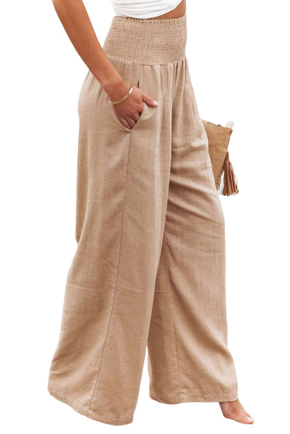 Brown Smocked Wide Waistband High Waist Wide Leg Pants
