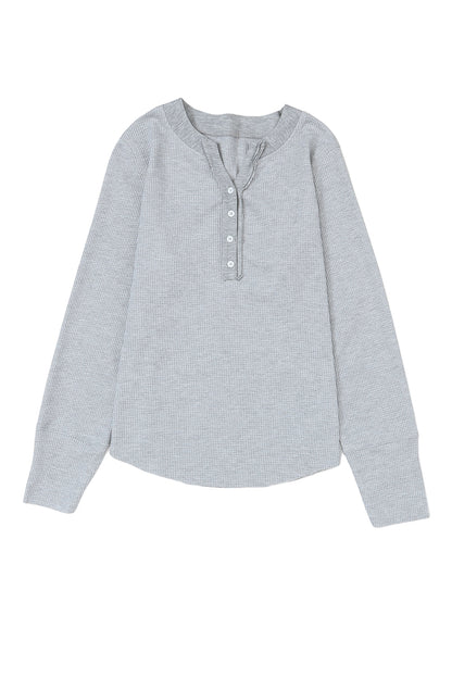 Gray Solid Color Waffle Knit Long Sleeve Henley Shirt