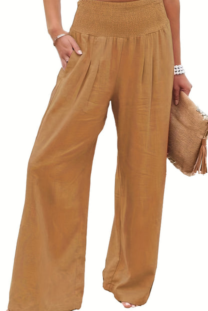 Brown Smocked Wide Waistband High Waist Wide Leg Pants